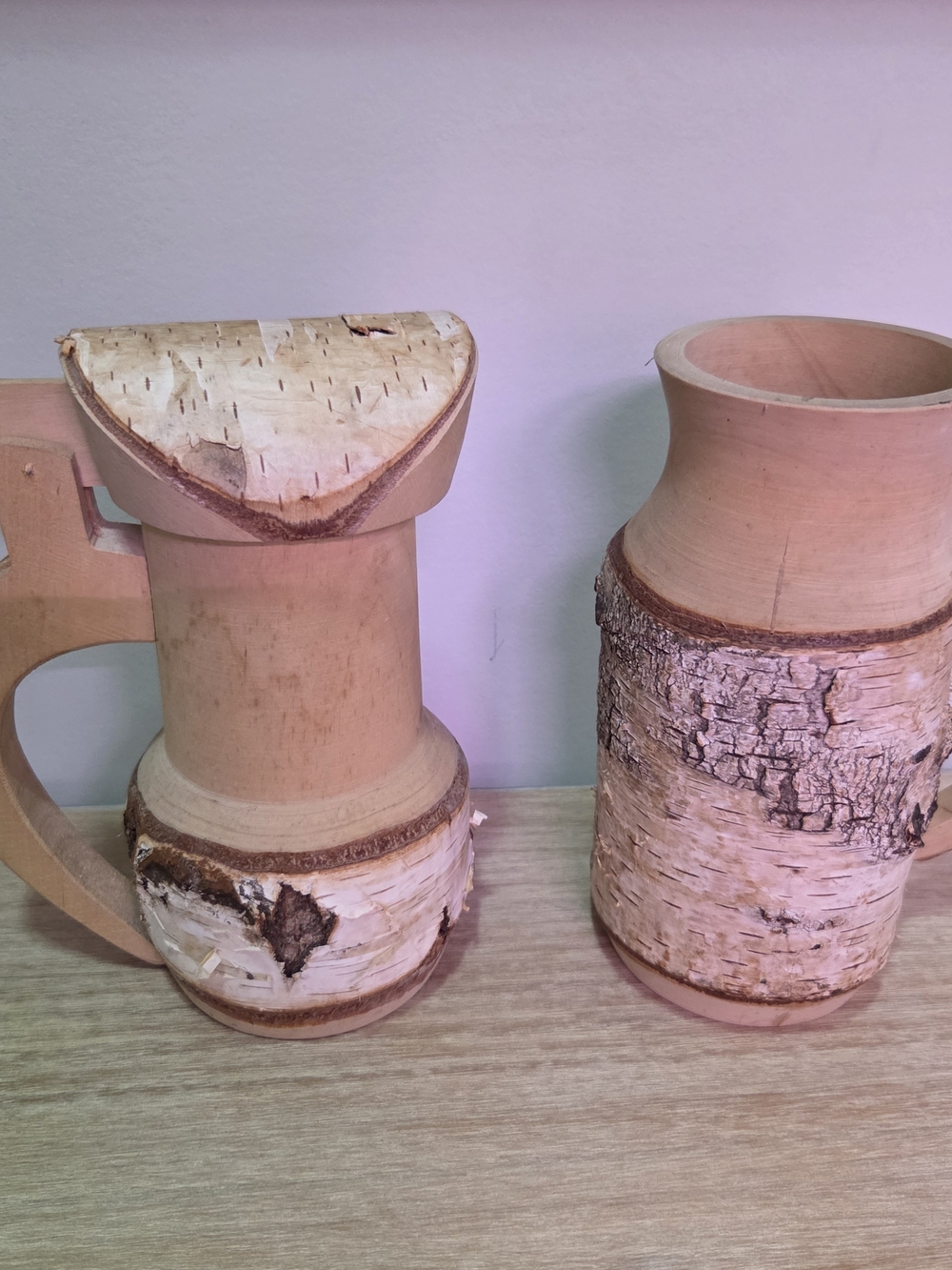 Set Rustic German Birch Wood Hand Carved Tankard Beer Mugs Steins - Natural Wood
